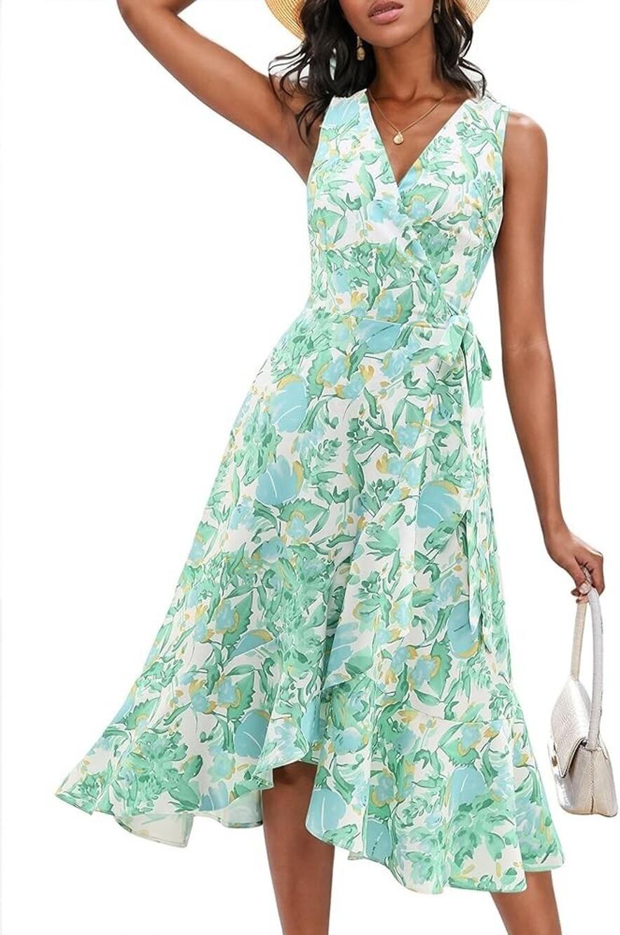 Dressystar Women's Floral V Neck Wrap Boho Dress Sleevless Maxi Dress Size S New